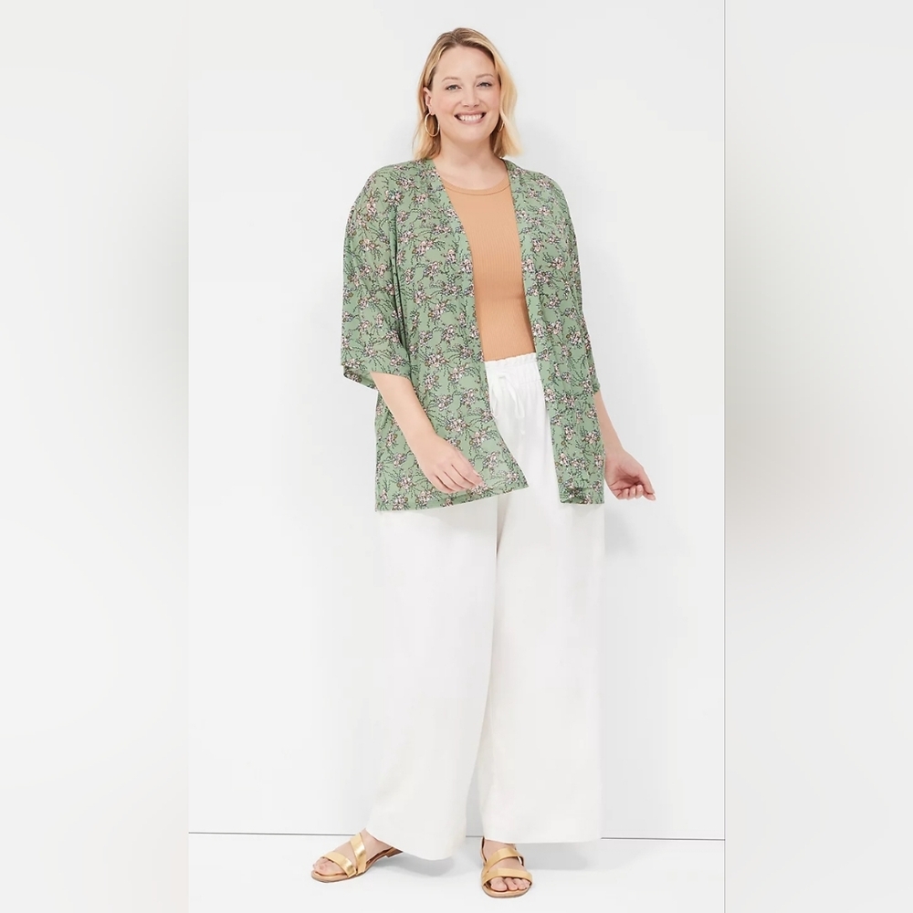 Lane Bryant Kimono-Sleeve Open-Front Green Floral Overpiece Size 10/12